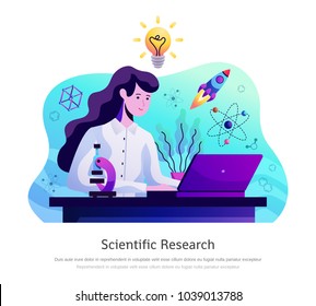 Scientific research abstract colorful composition with young lady in lab coat with microscope behind laptop vector illustration 