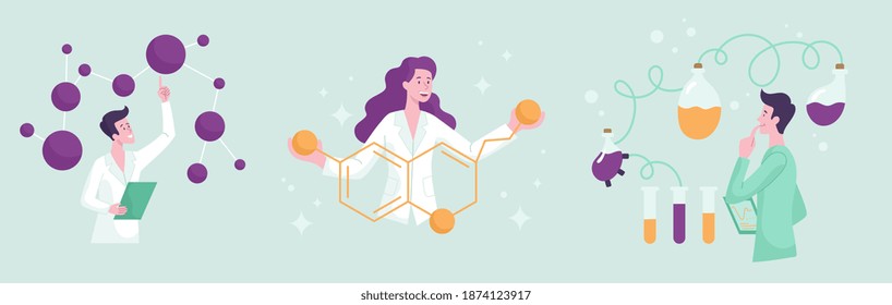 Scientific research abstract concept. Scientist characters conducting laboratory researches. Set of flat cartoon vector illustrations. Perfect for website, banner, mobile app, landing page