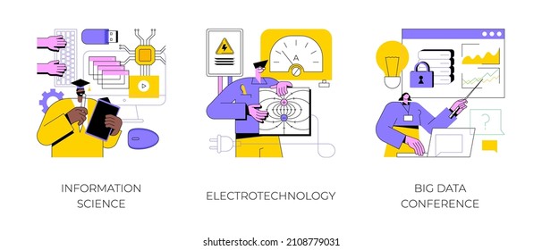 Scientific research abstract concept vector illustration set. Information science, electrotechnology engineering, big data conference, data scientist certificate, learning platform abstract metaphor.