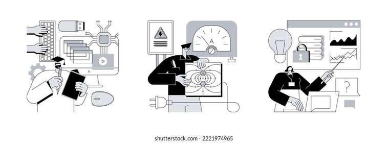 Scientific research abstract concept vector illustration set. Information science, electrotechnology engineering, big data conference, data scientist certificate, learning platform abstract metaphor.
