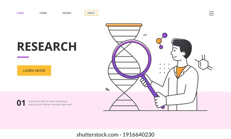 Scientific Research Abstract Concept With Young Male Scientist Looking At The Spiral Of A Dna Molecule Through A Magnifying Glass. Outline Vector Illustration. Website, Web Page, Landing Page Template