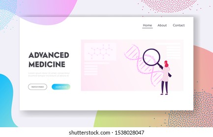 Scientific Research in Ancestry Genetics Website Landing Page. Woman Look on Huge Dna Molecule Testing Genes in Lab. Genomics or Biological Inheritance Web Page Banner. Flat Vector Illustration