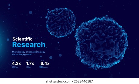 Scientific Research Background Featuring 3D Microscopic Human Cells with Infographic Metrics. Perfect for Microbiology, Nanotechnology, Medicine, and Biotech Concepts. Vector Illustration.