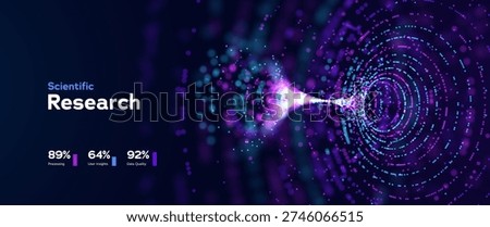 Scientific Research Background With Futuristic Data Tunnel And Glowing Particle Flow In Blue And Purple Neon Colors. Advanced Science Concepts. Vector Illustration.