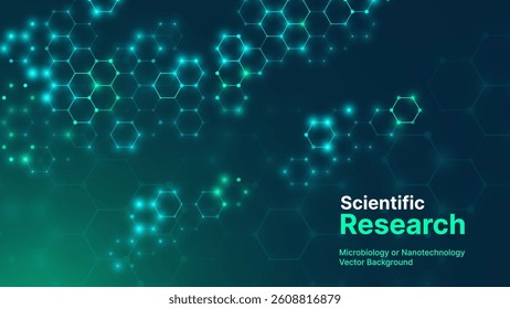 Scientific Research Background with Glowing Hexagonal Molecule Grid in Green and Blue Tones, Ideal for Biotech, Microbiology, or Nanotechnology Projects. Vector Illustration.