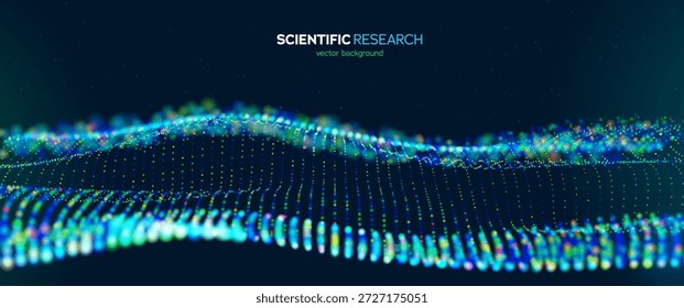 Wissenschaftlicher Hintergrund mit leuchtenden mehrfarbigen Punkten, die abstrakte 3D-Wellen auf dunklem Hintergrund bilden. Perfekt für Wissenschafts-, Daten- und Innovationskonzepte. Wissenschaftliche Muster. Vektorgrafik.