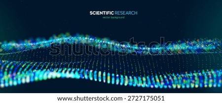 Scientific Research Background With Glowing Multicolored Dots Forming Abstract 3D Waves On Dark Background. Perfect For Science, Data And Innovation Concepts. Scientific Patterns. Vector Illustration.