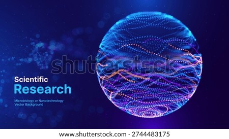 Scientific Research Background with Microscopic Cellular Forms and Data Metrics. Biotechnology, Medicine, and Nanoscience Technology Concept. Vector Illustration.