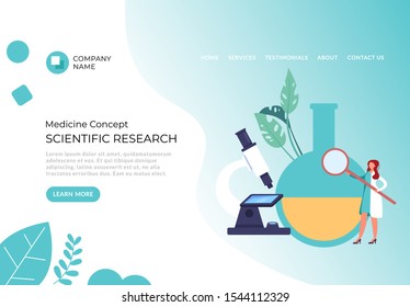 Scientific research banner poster concept. Vector flat cartoon graphic design illustration 