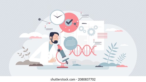 Scientific research with biochemistry test or examination tiny person concept. Professional work process with microscope and DNA gene examples vector illustration. Biological innovation breakthrough. - Shutterstock ID 2080837702