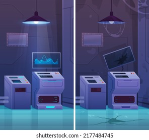 Scientific research chemical laboratory before and after destruction, scientists experimenting in science lab with explosion, fluid sample bang, failed experiment, broken destroyed equipment