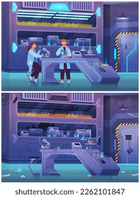 Scientific research chemical laboratory before and after destruction, scientists experimenting in science lab with explosion, fluid sample bang, failed experiment, broken destroyed equipment