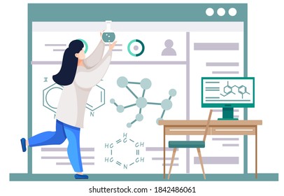 Scientific research. Chemical laboratory experiments. Girl in a lab coat is holding a flask with an unknown liquid. Working with reagents and substances in vessels. Chemistry poster on background