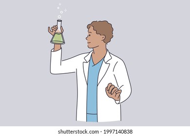 Scientific research and chemistry concept. Young positive scientist chemist in working uniform cartoon character standing conducting scientific experiments in laboratory vector illustration 