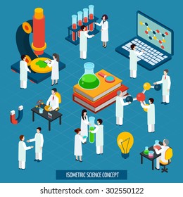 Scientific Research Concept Isometric Composition Of Bio Chemistry Laboratory With Laptop And Microscope Poster Abstract Vector Illustration