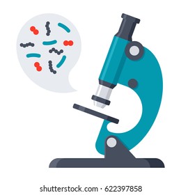 Scientific research concept with microbes in microscope, vector illustration in flat style