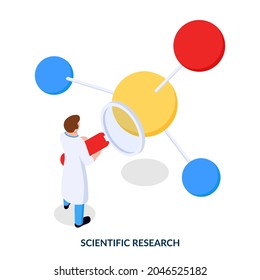 Scientific research concept. A scientist with a magnifying glass stands in front of a giant atom. Isometric illustration on white background