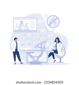 Concepto de investigación científica, científicos, dos hombres y mujeres trabajando en un laboratorio de ciencias. ilustración moderna de vector plano