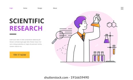 Scientific research concept with young man scientist mixing reagents in a test tube. Outline flat minimal style vector illustration. Website, web page, landing page template