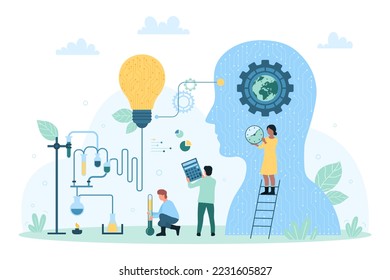 Scientific research with digital technology and AI, science innovation vector illustration. Cartoon tiny people work with circuit of light bulb, laboratory equipment and artificial intelligence