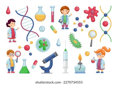 Investigación científica. Espiral de ADN. Secuenciación de la ciencia médica. Genoma humano. Estudiante genéticamente en el laboratorio. Personas en laboratorio de biología o medicina. Microbe células. Tubo de ensayo. Ilustración del vector