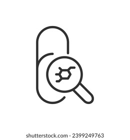 Scientific research and drug analysis, linear icon. The capsule, the magnifying glass, and the chemical in the capsule. Line with editable stroke