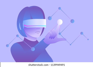 Scientific research and education in virtual reality. Woman wearing vr headset and touching digital interface. Vector illustration