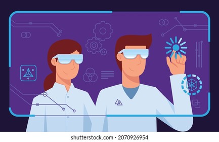 Scientific research and education in virtual reality. Man and Woman wearing vr headset and touching digital interface. Vector illustration