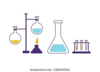 Scientific research equipment: flask, test tube set, gas burner, reagents. Chemical industry or biology research experiment with heating. Flask with reagent, test tubes on stand. Chemical laboratory 