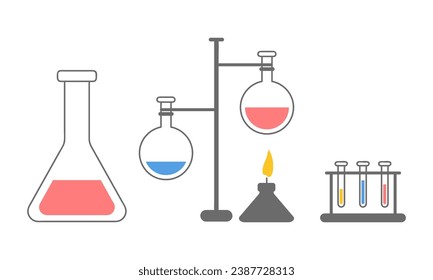 Scientific research equipment: flask, test tube set, gas burner, reagents. Chemical industry or biology research experiment with heating. Flask with reagent, test tubes on stand. Chemical laboratory 