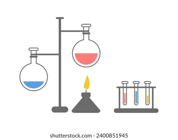 Scientific research equipment: flask, test tube set, gas burner, reagents. Chemical industry or biology research experiment with heating. Flask with reagent, test tubes on stand. Chemical laboratory 