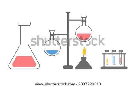 Scientific research equipment: flask, test tube set, gas burner, reagents. Chemical industry or biology research experiment with heating. Flask with reagent, test tubes on stand. Chemical laboratory 