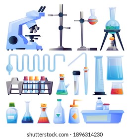 Scientific research equipment isolated cartoon set. Vector test tube holders, glass beakers flasks to hold chemical laboratory experiments. Glassware, microscope, medical pharmaceutical containers set