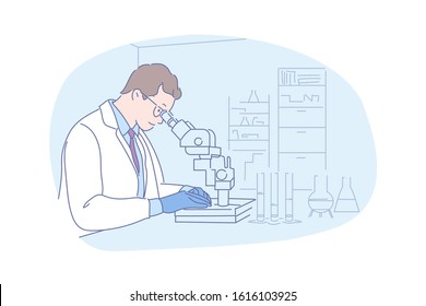 Scientific research, experiment, test, discovery concept. Medicine, microbiology science, laboratory work, lab interior with equipment, scientist with microscope. Simple flat vector