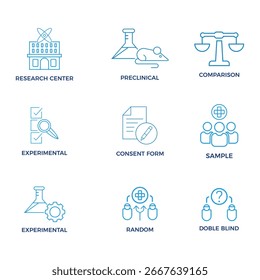 Wissenschaftliche Forschung und experimentelle Studie Icons Set, präklinische und klinische Studie Vektorsymbole, medizinische Experimente und Datenerfassung Linie Kunst