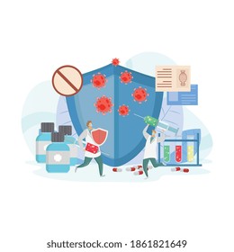 Scientific research. Group doctor science researches viruses and make vaccines to increase body immunity. Medical clinic laboratories concept. Vector illustration