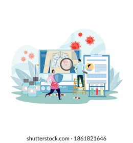 Scientific research. Group doctor wearing lab coats, science researches viruses in the lungs. Medical clinic laboratories concept. Vector illustration