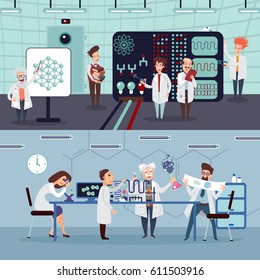 Scientific research horizontal banners with group of scientists doing experiments and tests in laboratory vector illustration