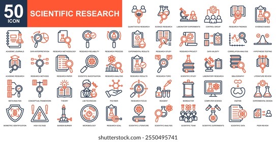 Scientific Research icon collection set. Experiment, chemistry, analysis, laboratory, bioengineering, biology, ecology icon. Simple line color vector.