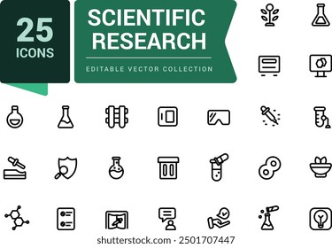Conjunto de iconos de investigación científica. Pixel perfecto, Web minimalista e icono de interfaz de usuario. Colecciones de iconos de esquema. Ilustración vectorial editable.