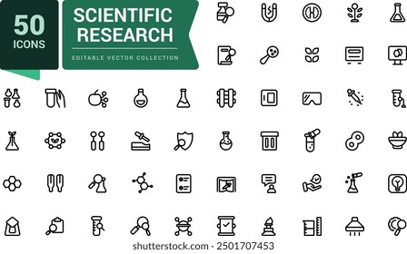 Conjunto de iconos de investigación científica. Pixel perfecto, Web minimalista e icono de interfaz de usuario. Colecciones de iconos de esquema. Ilustración vectorial editable.