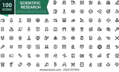 Conjunto de iconos de investigación científica. Pixel perfecto, Web minimalista e icono de interfaz de usuario. Colecciones de iconos de esquema. Ilustración vectorial editable.