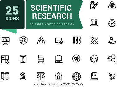 Conjunto de iconos de investigación científica. Pixel perfecto, Web minimalista e icono de interfaz de usuario. Colecciones de iconos de esquema. Ilustración vectorial editable.