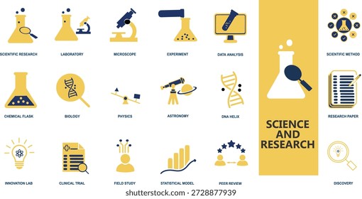 Recursos de apresentação de ícones de pesquisa científica para análise de dados, DNA Helix, detecção microscópica, testes clínicos, testes químicos e inovação na área de saúde