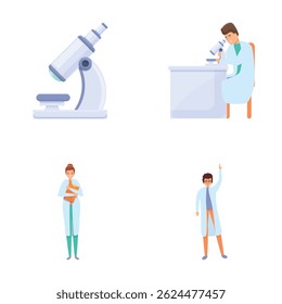Scientific research icons set cartoon vector. Scientist people making research. Technology, science