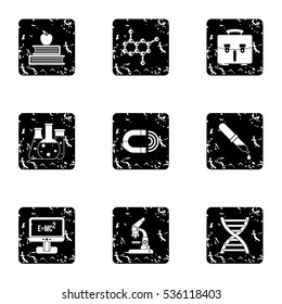 Scientific research icons set. Grunge illustration of 9 scientific research vector icons for web