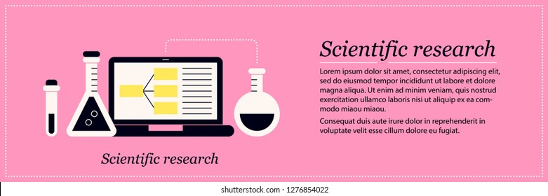 Scientific research illustration. Elegant flat style on pink background. Science, chemistry, experiment, laboratory.
