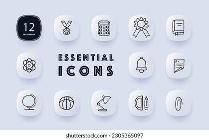 Scientific research and innovation icon set. Laboratory equipment, experiments. Data analysis. Neomorphism style. Vector line icon for Business and Advertising