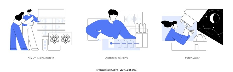 Scientific research isolated cartoon vector illustrations set. Quantum computing studies, making experiment with lasers, study physics, optical telescope, astronomy degree vector cartoon.