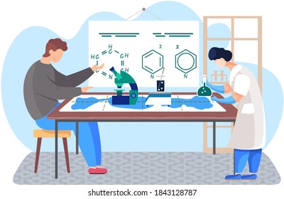 Scientific research in the lab. Scientists are conducting an experiments. Woman is working with a flask with liquid. A man looking through a microscope lens. Laboratory with formulas on background